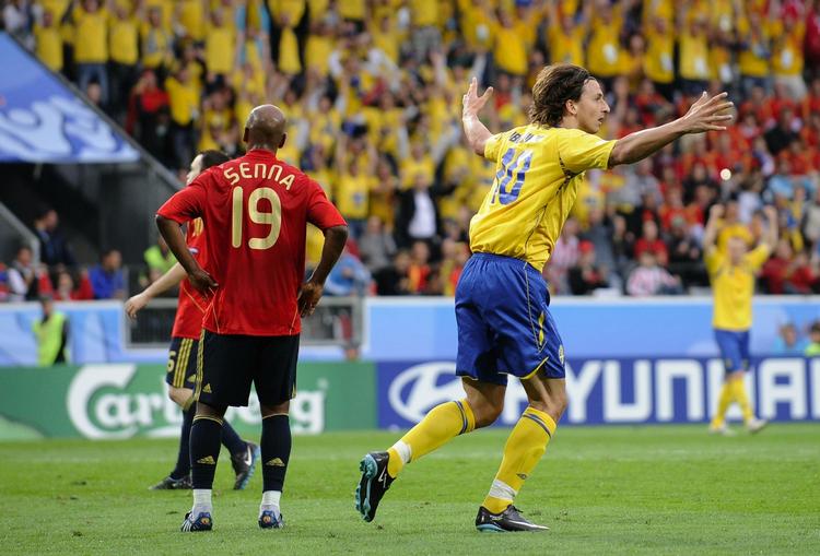 Zlatan Ibrahimovic scorede sit seneste landskampsmål under EM-slutrunden i 2008, da Spanien dog vandt 2-1. Arkivfoto. 