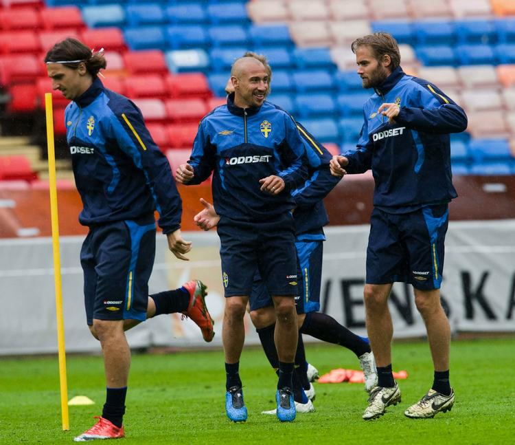 Zlatan, 'Henke' og Olof Mellberg er tre af træner Lagerbäcks foretrukne og mest rutinerede spillere. Arkivfoto. 
