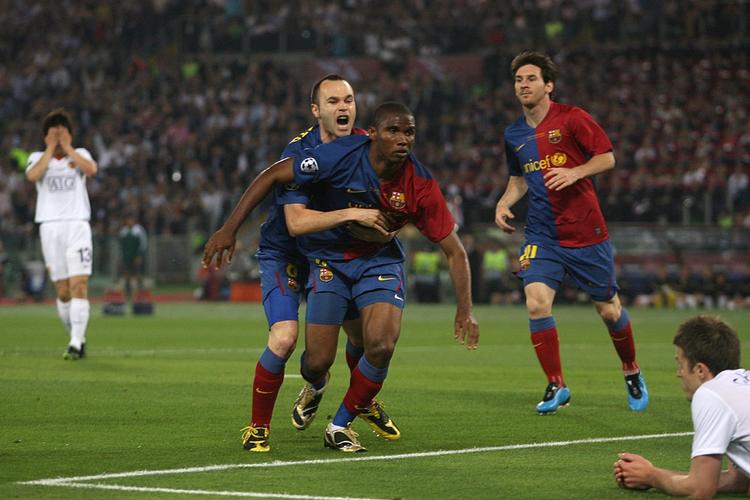 Samuel Eto'o scorede føringsmålet for Barcelona i Champions League-finalen mod Manchester United, men rygterne om hans farvel til klubben er mange i spansk fodbold. Arkivfoto. 