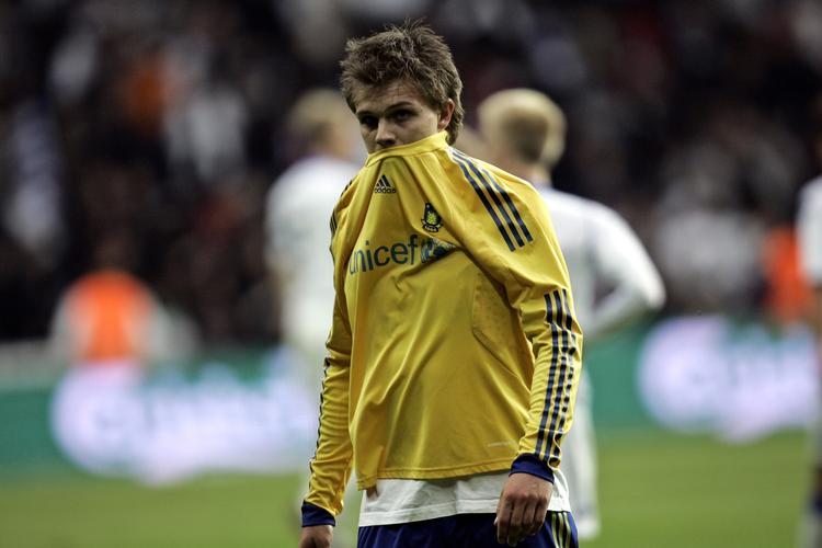 Brøndby-angriberen Nicolaj Agger får pæne ord med på vejen af landstræner Bordinggard på trods af det store nederlag. Arkivfoto. 