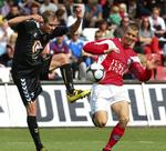 Dennis Flinta (til højre) er klar til at spille i Superligaen igen. Han har tidligere spillet i både Brøndby og FC Midtjylland. Arkivfoto. 