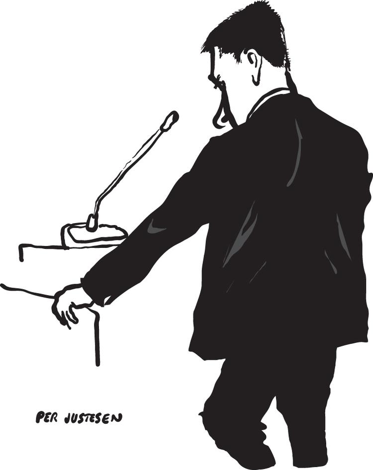 Anklager Per Justesen. Tegning: Philip Ytournel 