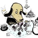 Hunden Tellus er til eftermiddagskaffe hos kattedamen. Det går ikke godt. Tegning: Toril Bækmark 