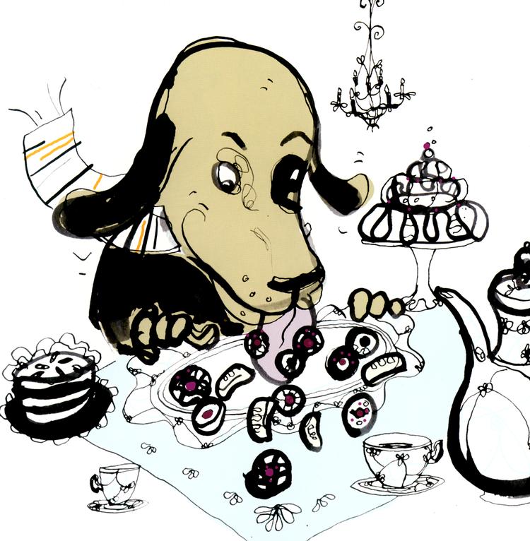 Hunden Tellus er til eftermiddagskaffe hos kattedamen. Det går ikke godt. Tegning: Toril Bækmark 