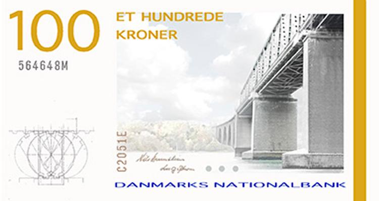 Den nye 100-kroneseddel forventes udsendt maj 2010 med den gamle Lillebæltsbro og Hindsgavldolken som motiv. Billedet er en skitse af sedlen og ikke det endelige design. Foto: Nationalbanken. 