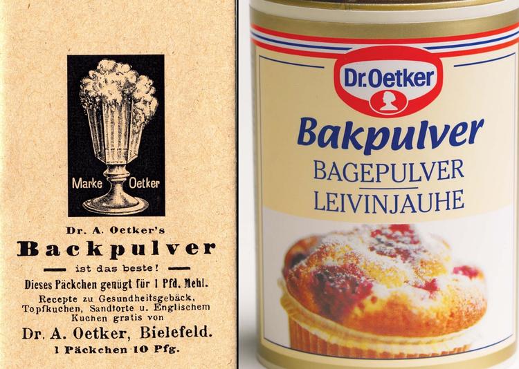 To etiketter med 80 års mellemrum. Bagepulveret har stået i danske køkkener i 80 år. 