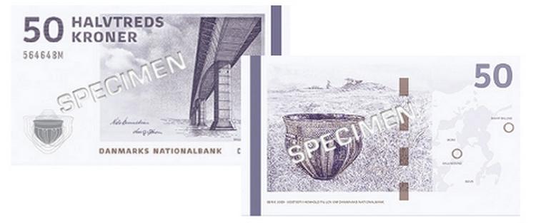 Sådan ser den nye 50'er ud. Den kommer på gaden den 11. august i år. Foto: Nationalbanken. 