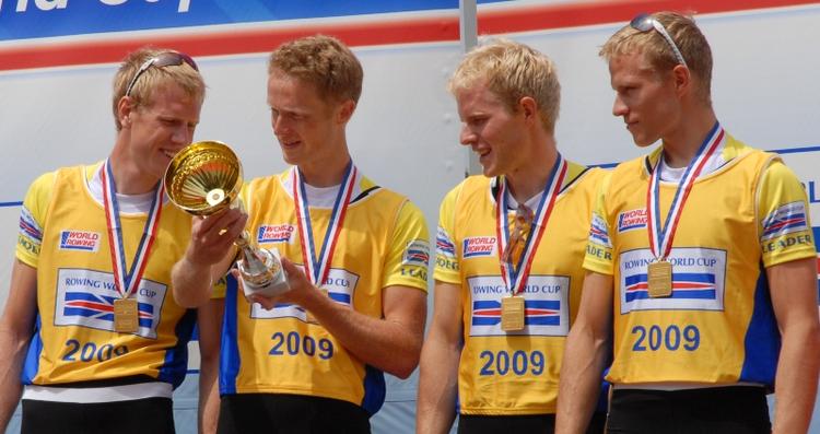 Christian Pedersen (fra venstre), Jens Vilhelmsen, Kasper Jørgensen og Morten Jørgensen vandt også deres andet World Cup-stævne. Foto: Christian Elander Rasmussen, roning.dk 