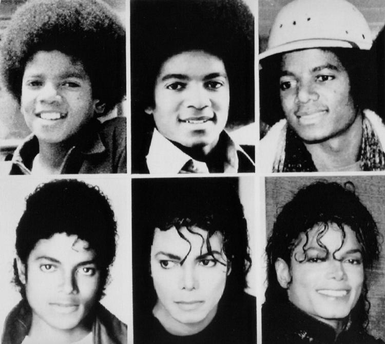 Michael Jackson øverst på fotos fra  1971, 1977, 1979, og nedenunder, fra venstre, 1983, 1987, and 1990. 