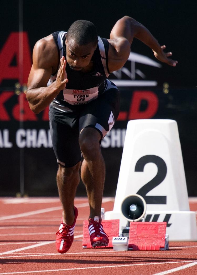 Tyson Gay eksploderer fra startblokken i løbet, hvor sprinteren havde årets bedste tid, hvis det da ikke havde været for lidt medvind. 