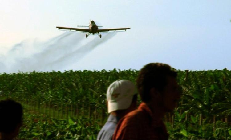 Stillbillede fra 'Bananas', der viser et fly, der sprøjter pesticider på en mark. 