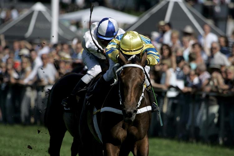 Vinderen af Dansk Derby 2009 Inchiline og jockey Manuel Martinez med gul hjelm. 