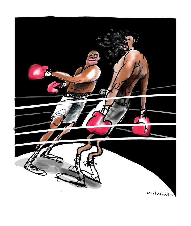 Muhammad Ali mod Joe Frazier. Tegning: Jørn Villumsen 