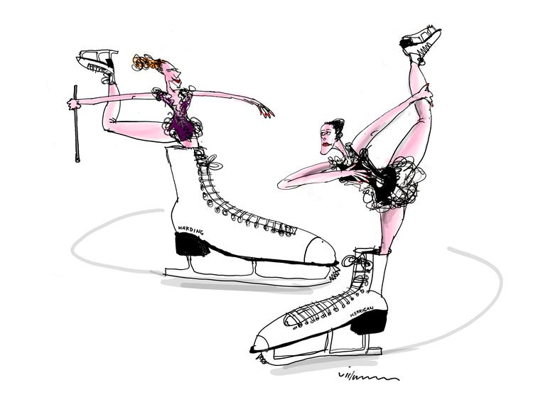 Isprinsesserne Tonya Harding og Nancy Kerrigan. Tegning: Jørn Willumsen 
