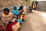 Hjemløse sudanesiske kvinder og børn venter på at få behandling på en lægeklinik i en flygtningelejr. 