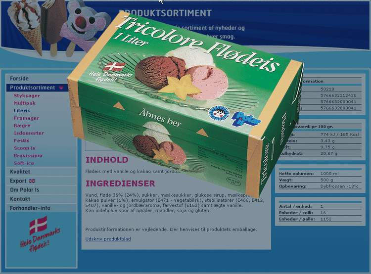 »Smager ikke af ret meget. Der er ikke jordbær i. Til gengæld er der farvestof udvundet af rødbede og rigeligt med stabilisatorer udvundet af for eksempel tang. Man kan spørge sig selv, om tang og farvestoffer har noget at gøre i is«, siger Cand. scient. i human ernæring Christian Bitz om den klassiske trefarvet is fra Polar Is. Foto fra Polar Is' hjemmeside. 