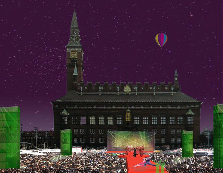 Cirka sådan kan det ifølge en tidlig grafik komme til at se sådan ud ved den store World Outgames åbning på lørdag. Illustration: Christine Neergaard-Petersen 