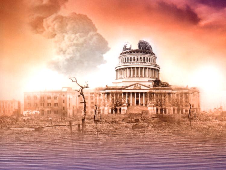 I Matthew Glass' roman får USA’s nye præsident, Joe Benton, sin sag for, fordi klimakatastrofen kommer nærmere og nærmere og kræver massive evakueringer af det amerikanske folk. Illustration fra bogens omslag 