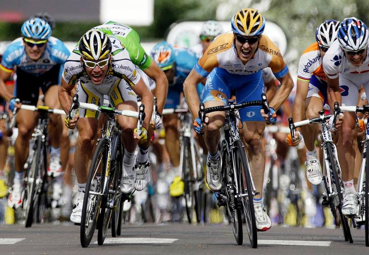 Dagens etape kan meget vel ende som en duel mellem Mark Cavendish (tv.) og Tyler Farrar (th.) fra Garmin. 