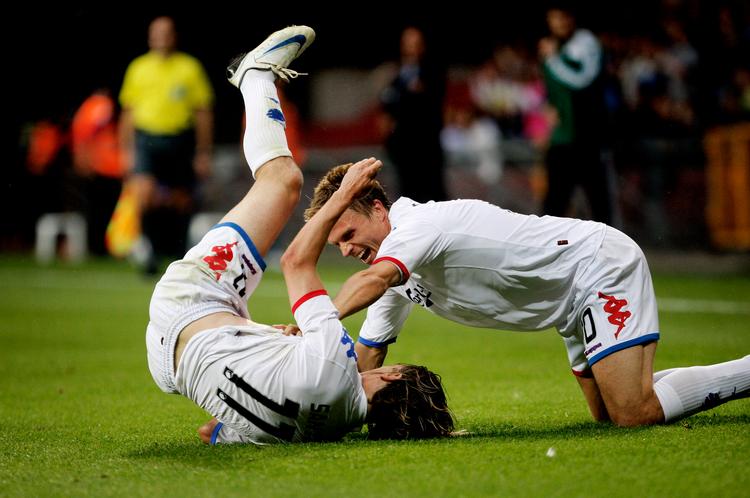 César Santin (tv.) og Jesper Grønkjær scorede FCK’s tre mål.  Foto: Martin Lehmann 