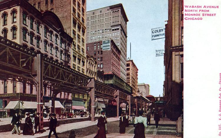 Dette håndkolorerede postkort fra 1907 (øv.) viser Chicagos Wabash Avenue med højbanen og bygningerne, der strækker sig mod himlen. Foto: Curt Teich Postcard Archives 