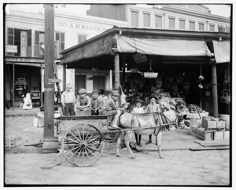 Det franske marked i New Orleans, fotograferet ca. år 1900. I øvrigt samtidig med at New Orleans senere nok mest berømte bysbarn, jazzmusikeren Louis Armstrong, blev født. Arkivfoto: Library of Congress 