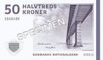 50-kronesedlen udsendes 11. august 2009 med motiv af af Sallingsundbroen og Skarpsalling-karret. 50-kronesedlen udsendes som den første seddel i Danmarks nye seddelserie 2009-2011. Foto: Nationalbanken 