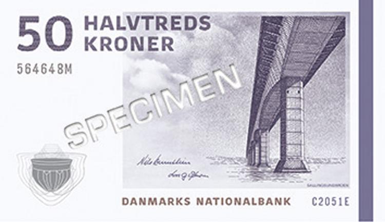 50-kronesedlen udsendes 11. august 2009 med motiv af af Sallingsundbroen og Skarpsalling-karret. 50-kronesedlen udsendes som den første seddel i Danmarks nye seddelserie 2009-2011. Foto: Nationalbanken 
