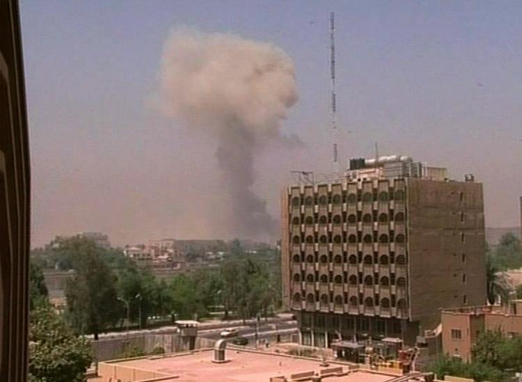 An explosion near the Iraqi parliament building in Baghdad Wednesday, Aug. 19, 2009. Four explosions struck Baghdad, including one near the parliament building in the Green Zone. 