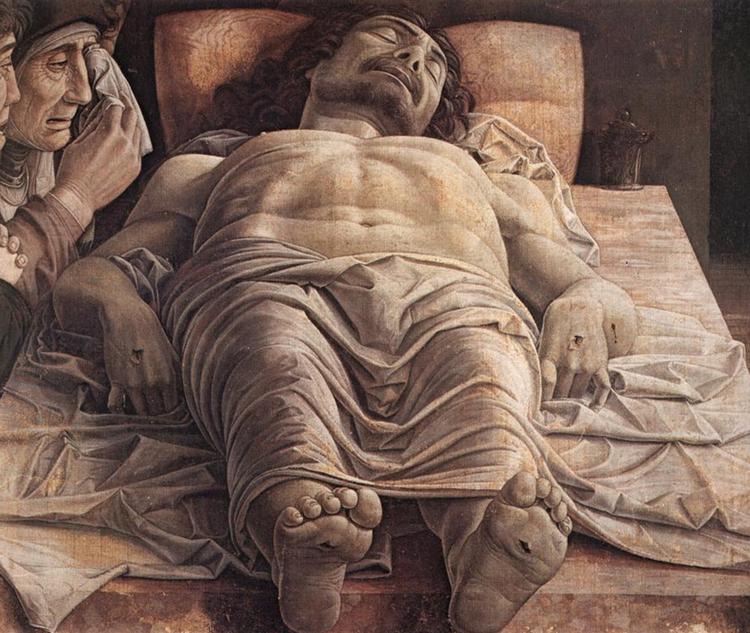 Den dødsens tavse mand og kvinden ved hans side. Atiq Rahimi har ladet sig inspirere til romanen 'Den tålmodige sten' af Andrea Mantegnas Pietá med Maria og den døende Kristus fra ca. 1480. Billedet findes på Pinacoteca di Brera i Milano 