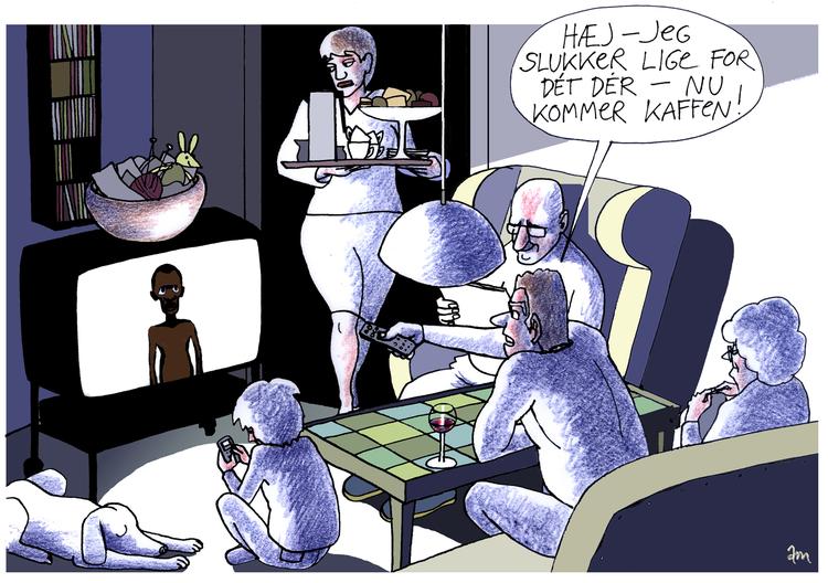 »Jeg er bevidst om faren i at stille for store krav. Derfor opfordrer jeg pragmatisk til, at hver af de 890 millioner mennesker i det rige Vesten giver 5 procent af deres bruttoindkomst til de fattigste«, siger Peter Singer. Tegning: Anne-Marie Steen Petersen 