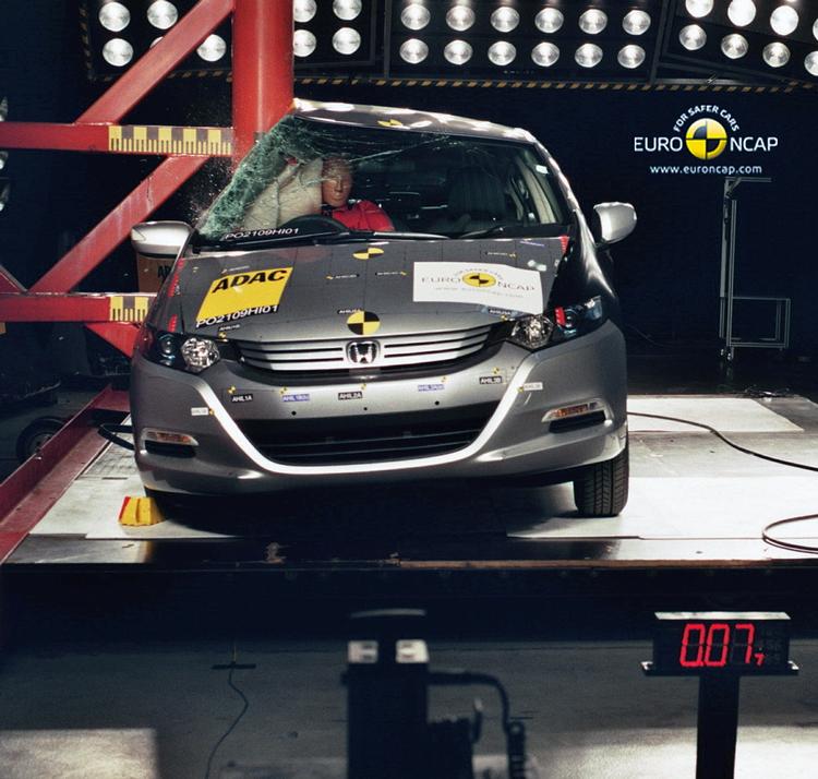 En Honda Insight får her et voldsomt smæk fra siden i den såkaldte pæletest. Euro NCAP giver Honda Insight topkarakter på fem stjerner. Foto: Euro NCAP 