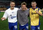 Med en 5-0-sejr over kroatiske Varteks i 2001 er Brøndby det eneste danske hold, der er gået videre i europæisk fodbold, efter at have tabt 3-1 på udebane. I returkampen scorede Ruben Bagger (tv.) til 2-0, Mattias Jonson (i midten) til 3-0, 4-0 og 5-0, og Peter Madsen er eneste genganger på dagens Brøndbyhold. Arkivfoto. 