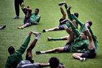 Cristiano Ronaldo og holdkammeraterne under træningen i Parken fredag eftermiddag. 