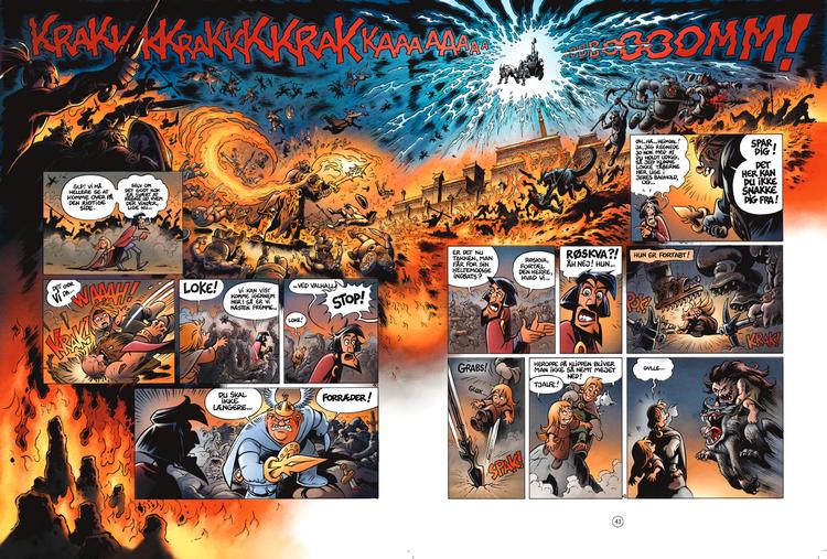 Der er fuld kraft på de voldsomme scenerier, når Valhallaserien  slutter med et brag i 'Vølvens syner'.  Tegning: Peter Madsen 