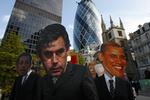 Demonstranter ved G20-mødet iført masker, der ligner fra venstre Frankrigs præsident Nicholas Sarkozy, den britiske premierminister Gordon Brown, Tysklands kansler, Angela Merkel, og USA's præsident, Barak Obama. 