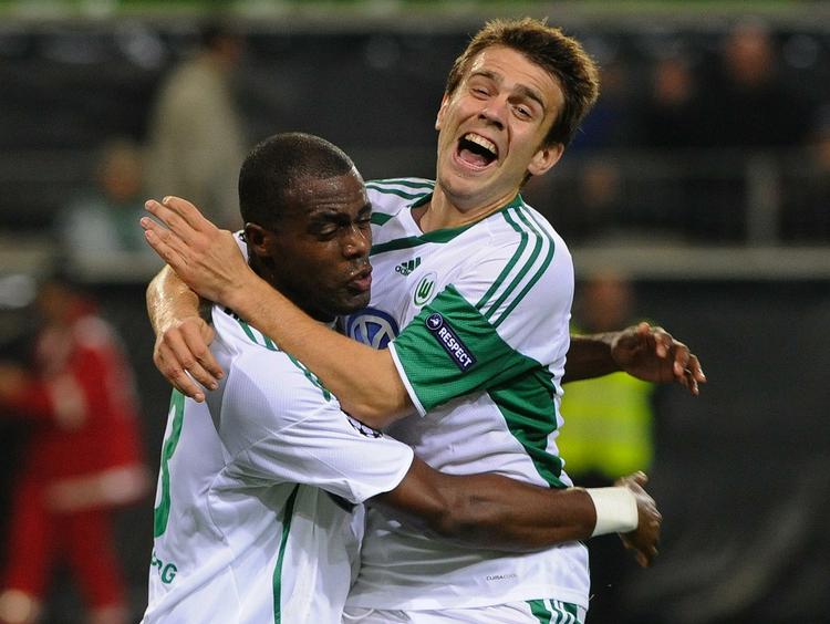 Brasilianske Grafite (tv.) scorede hattrick for Wolfsburg, der debuterede i Champions League med en sejr på 3-1 over CSKA Moskva. 
