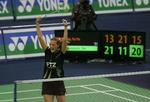 Tine Rasmussen jubler efter en sejr ved VM i Indien over en Hongkong-kineser. Arkivfoto. 