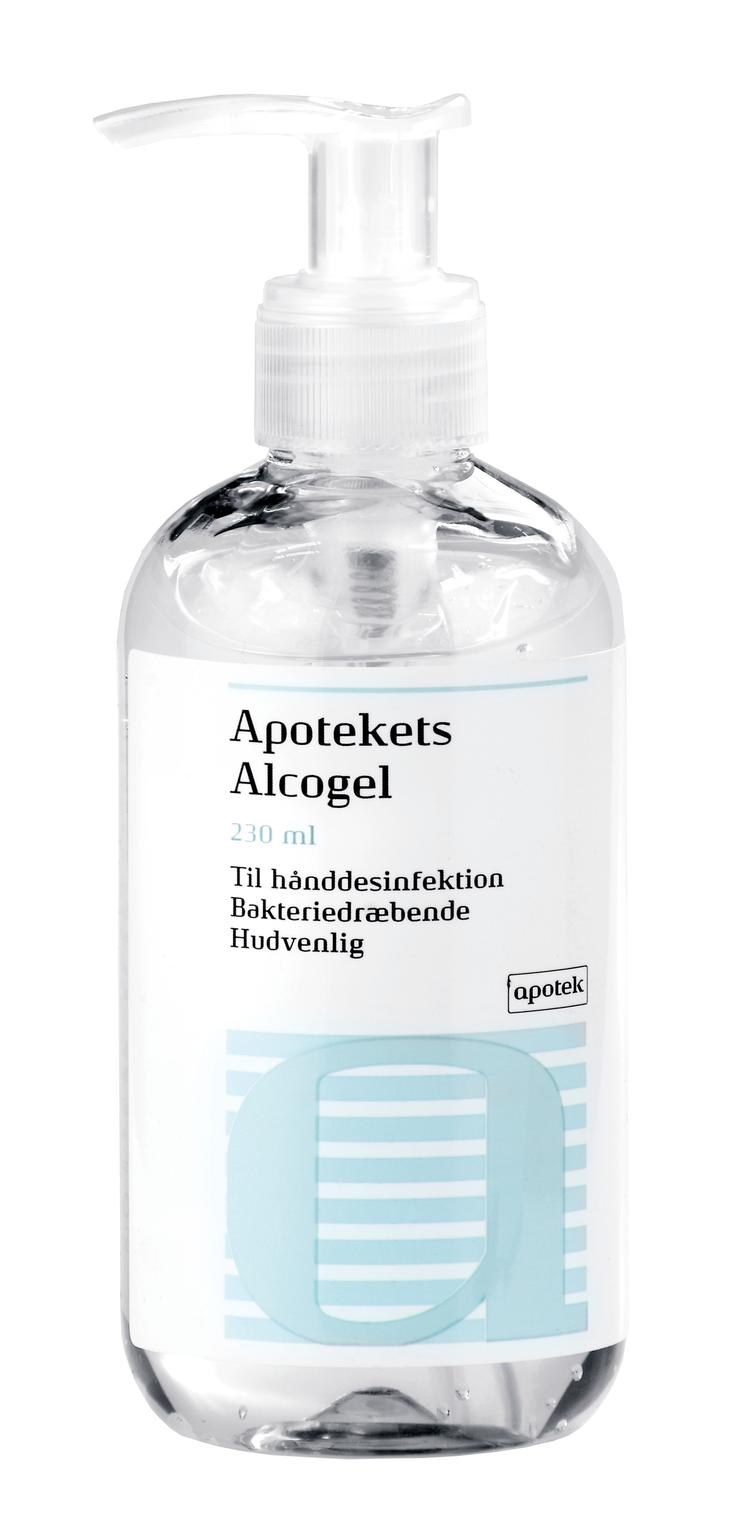 Den desinficerende gel fra apoteket kommer i en flaske med 230 ml og gnides ud i begge hænder. Gelen fordamper på få sekunder, og hænderne skal altså ikke tørres af efter brug. Foto: PR 