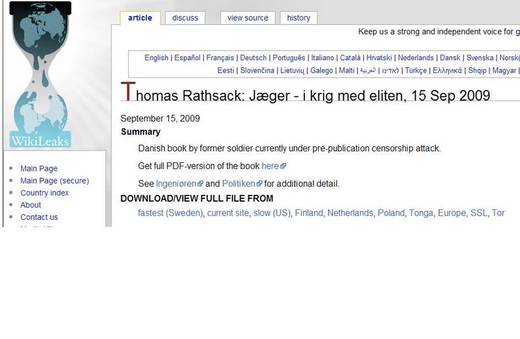 Hjemmesiden wikileaks.org er en af den steder, man kan læse 'Jæger - i krig med eliten' kan læses i øjeblikket. 