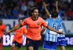 Barcelonas svenske stjerneangriber, Zlatan Ibrahimovic, jubler efter scoringen mod Malaga lørdag aften. 