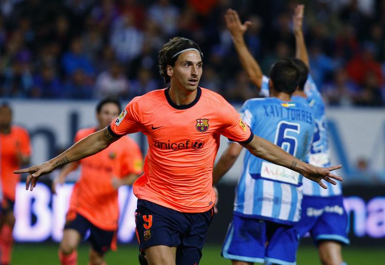 Barcelonas svenske stjerneangriber, Zlatan Ibrahimovic, jubler efter scoringen mod Malaga lørdag aften. 