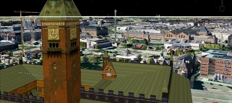 Et kig henover Københavns Rådhus med Tivoli i baggrunden. 