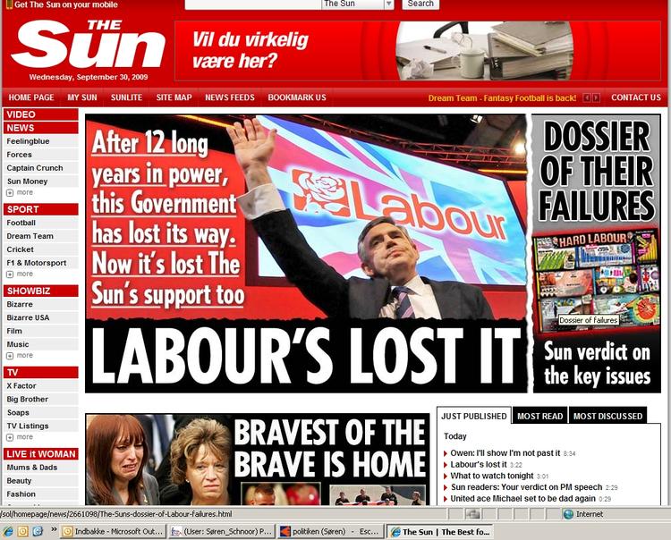 Storbritanniens mest sælgende dagblad, tabloidavisen The Sun, giver sin støtte til de konservative efter 12 års støtte til Labour. 