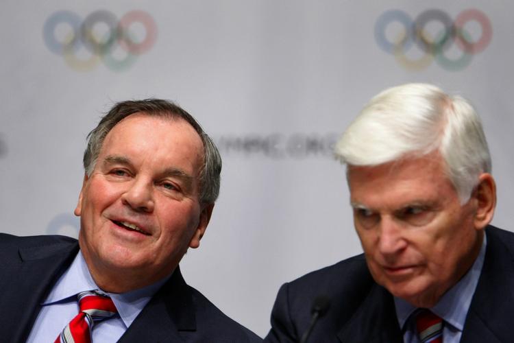 Chicago borgmester Richard M. Daley, Patrick G. Ryan, der er formand for Chicago 2016 overværer byens præsentation i Bella Center. 