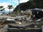 Ødelæggelserne efter det første jordskælv og tsunamien i det sydlige Stillehav i tirsdags er enorme. Her et blik hen over kysten på Tutuila Island under Amerikansk Samoa. 
