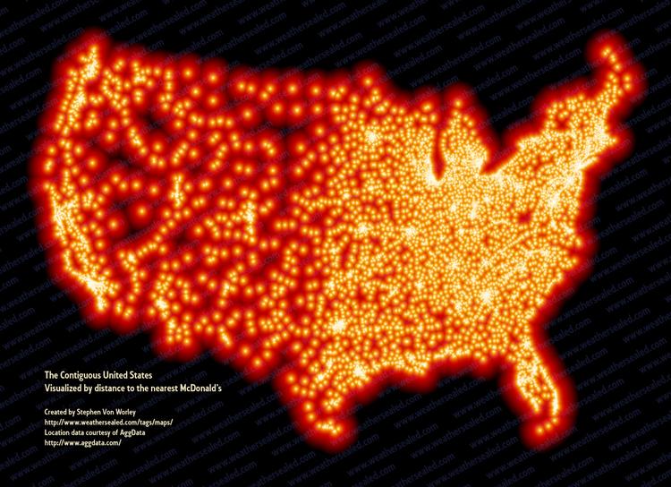 Det smukke illuminerede billede af USA er ifølge kunstneren Stephen Von Worley kommet til verden på en trist baggrund. Hver prik er en McDonald's restaurant. Foto: Stephen Von Worley, WeatherSealed.com 