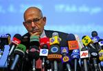 IAEA-chefen Mohamad ElBaradei på dagens pressemøde i Teheran. 