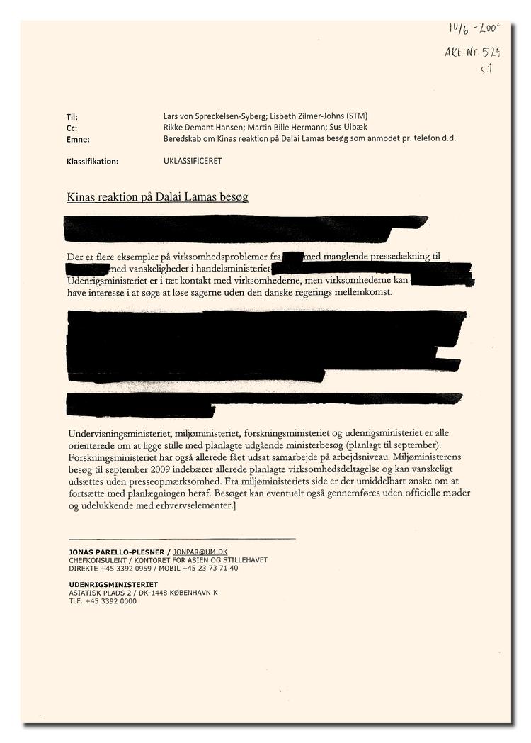 Et af de dokumenter, det er lykkedes Politiken at få et begrænset indblik i om krisen mellem Danmark og Kina. Overstregningerne er foretaget, før Politiken fik aktindsigt. 