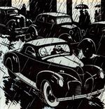 En rude fra 'De 7 krystalkugler' trykt i Le Soir 16. februar 1944. Under Anden Verdenskrig kørte Tintin-føljetonen i dagbladet, som tyskerne kontrollerede. Hergé blev derfor brændemærket som nazisympatisør - til sin egen store fortrydelse . Illustration fra bogen 